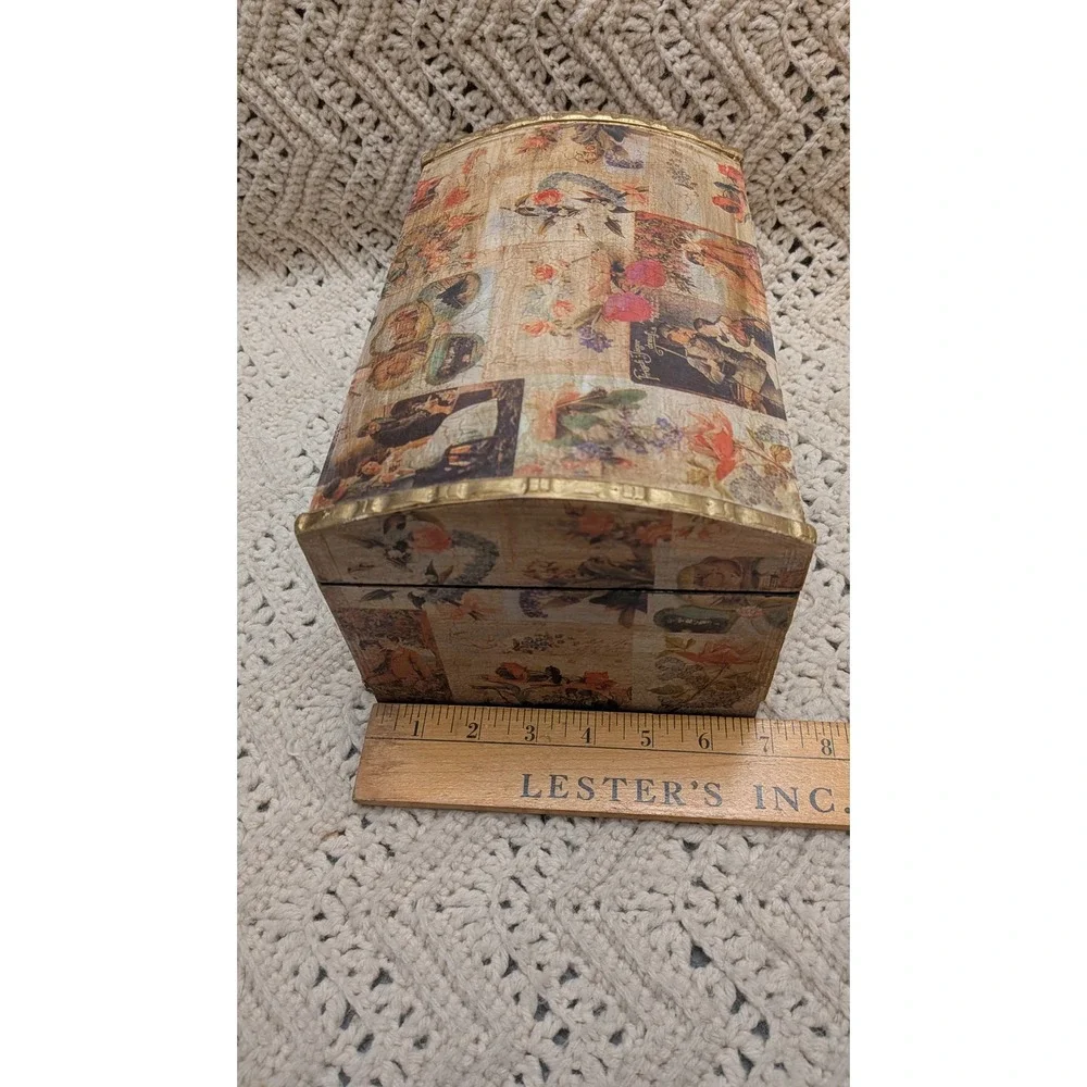 Vintage Style Decoupage Wooden Treasure Chest Jewelry Keepsake Box Gold Trim
